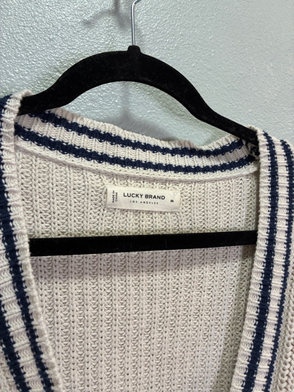 Lucky Brand Chunky Knit Cardigan Cream Navy Stripe Cozy Grandpa Preppy Women’s M - Picture 2 of 5